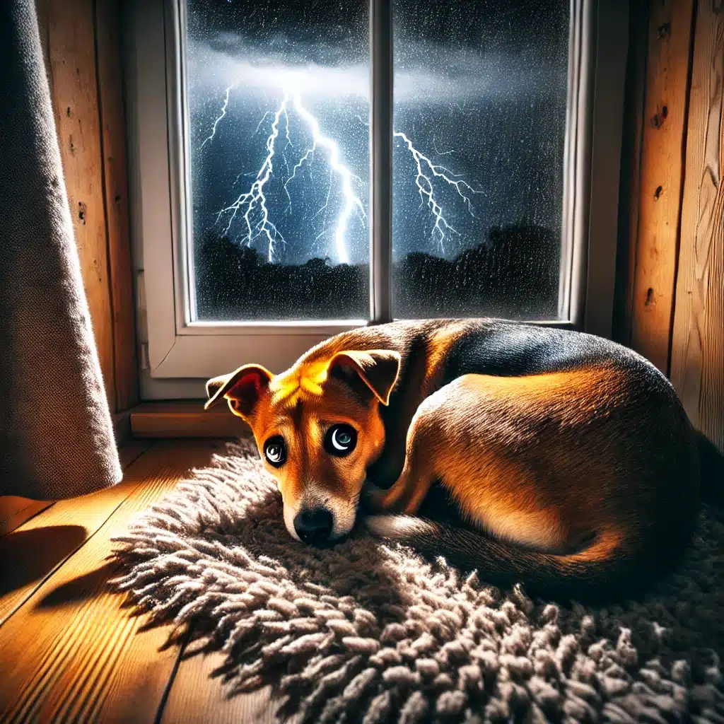 Un chien apeuré à cause de l'orage dehors.
