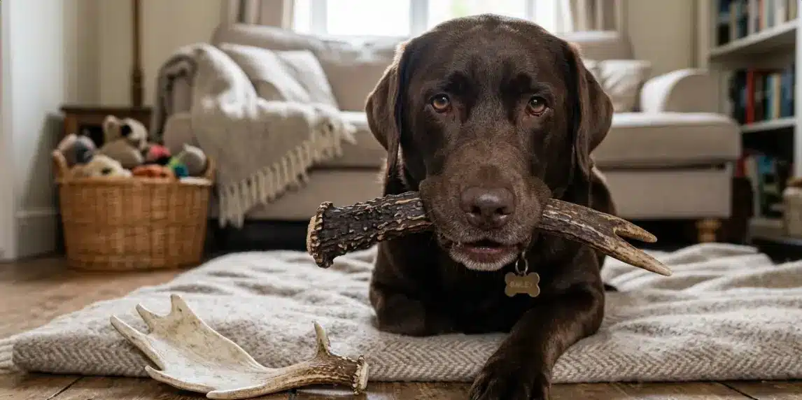 labrador avec un bois de cerf dangereux