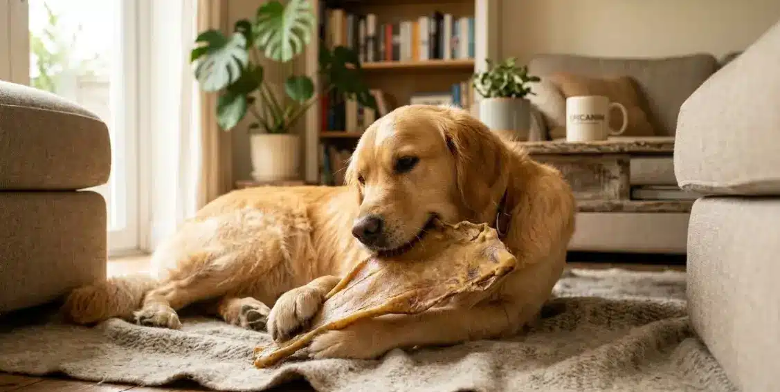 Un golden retriever mastique une plaque de boeuf epicanin