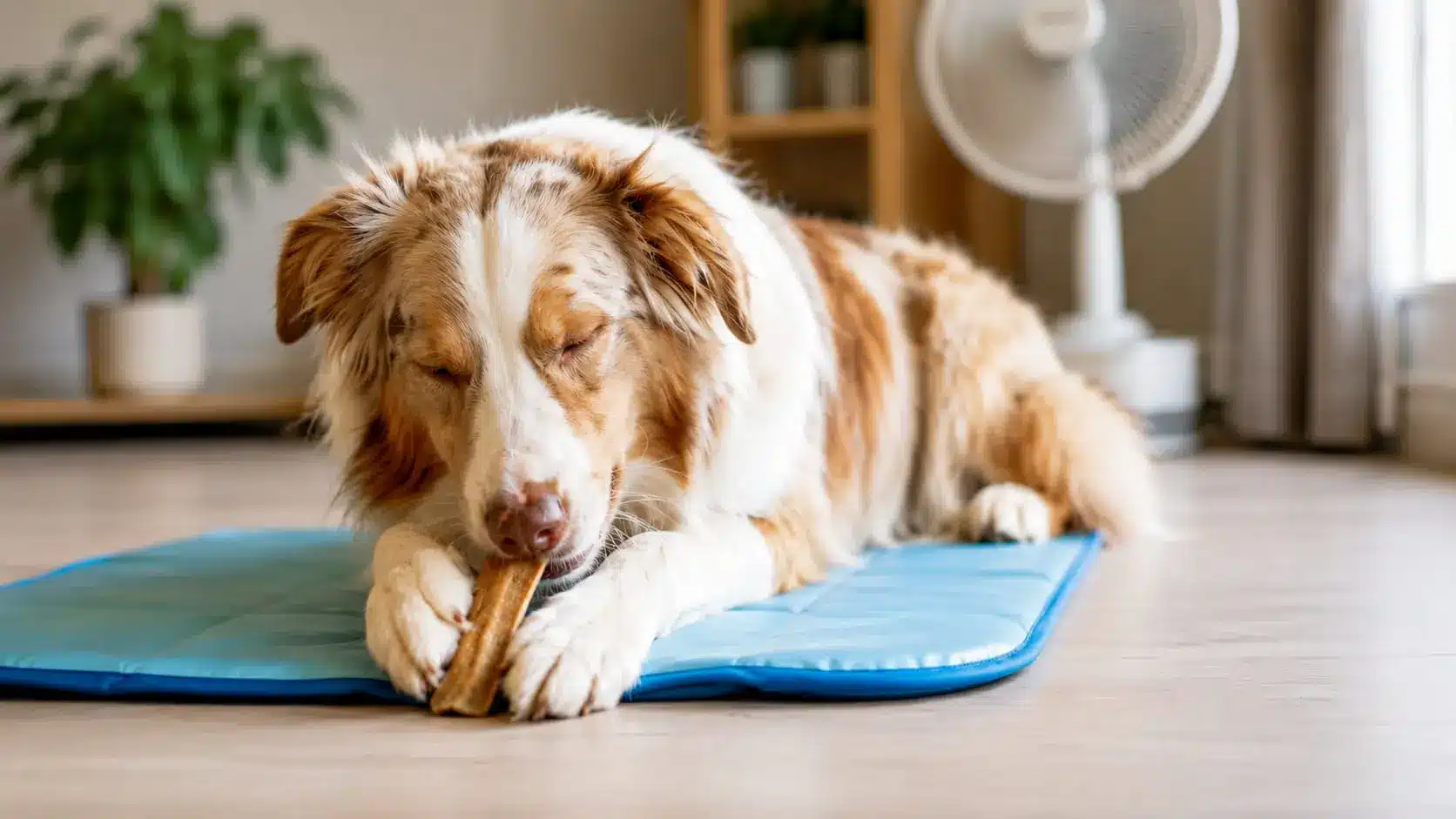 chien qui mastique sur un tapis rafraichissant avec un ventilateur