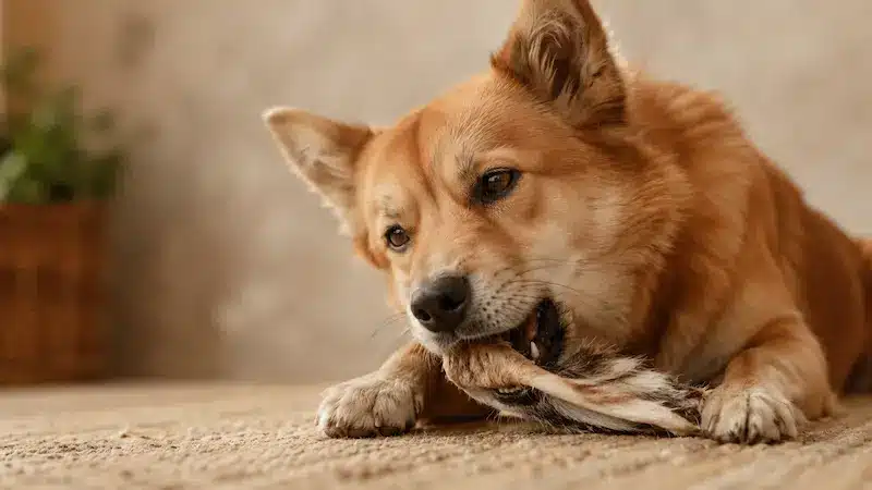 un chien qui mastique une friandise naturelle avec poil
