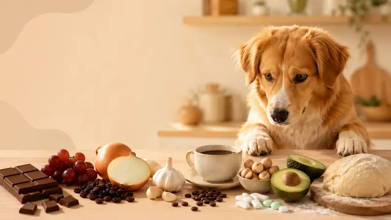Photo d’illustration réaliste d’un chien dans une cuisine observant plusieurs aliments potentiellement dangereux pour lui, comme le chocolat, le raisin, l’oignon, l’ail, le café, l’avocat, les noix de macadamia, le xylitol et la pâte crue.
