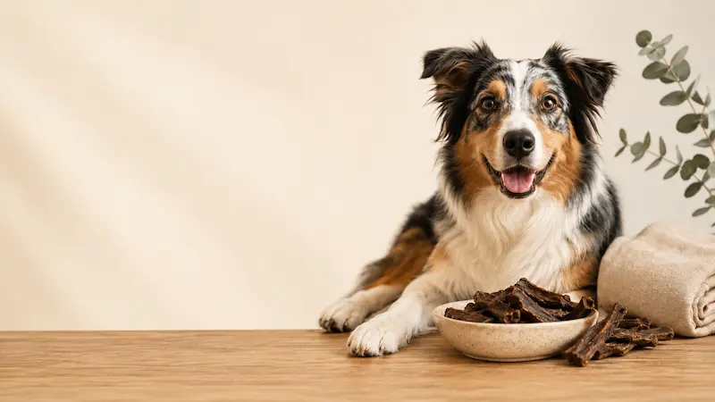 un chien devant un bol de friandise